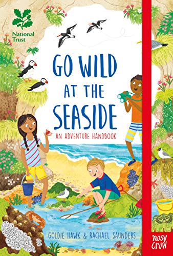 Book cover with children exploring a seaside landscape, illustrated style.