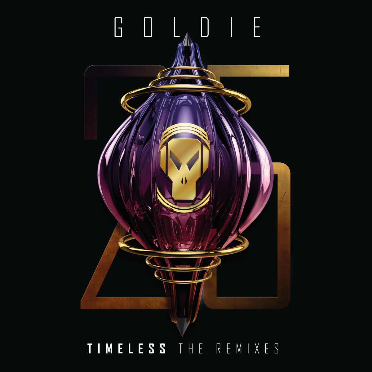 Goldie “Timeless (The Remixes)” CD cover with purple and gold abstract design.