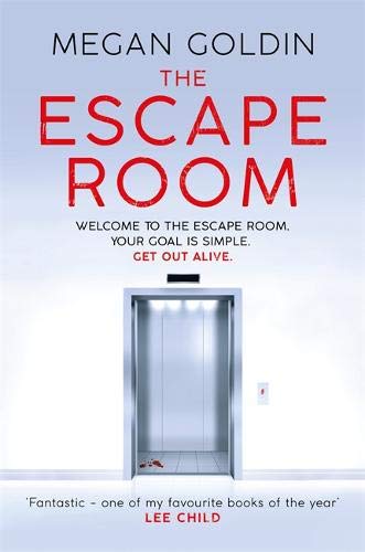 Book cover for The Escape Room by Megan Goldin featuring an elevator door.