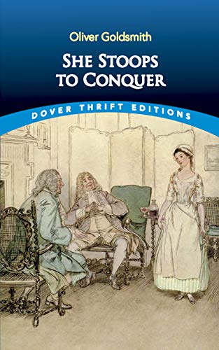 Book cover for "She Stoops to Conquer" with illustration of figures.