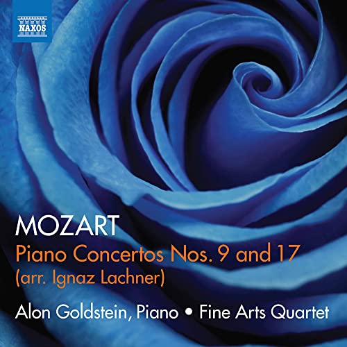 CD cover featuring a blue rose and text: Mozart, piano concertos.