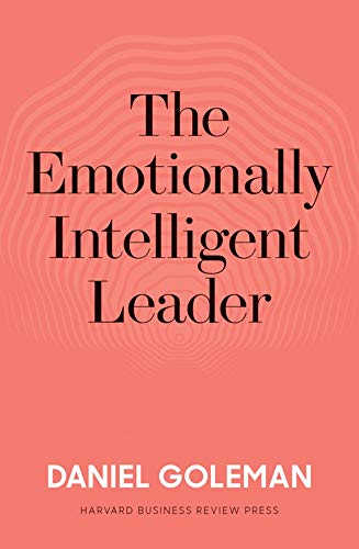 Book cover: "The Emotionally Intelligent Leader" by Daniel Goleman, red background.