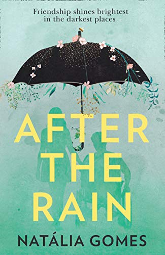 Book cover: teal background, black umbrella with flowers, two figures.