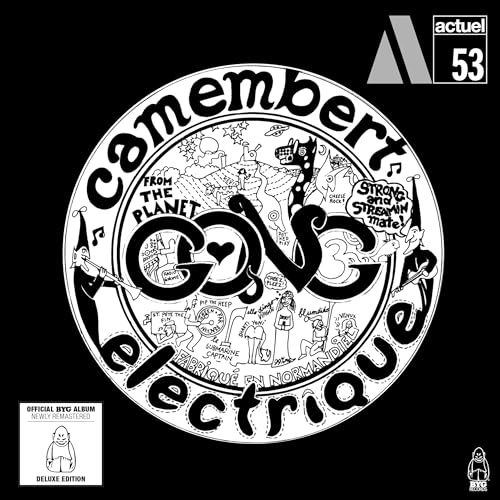 Black and white CD cover for Gong’s “Camembert Electrique” with circular artwork.