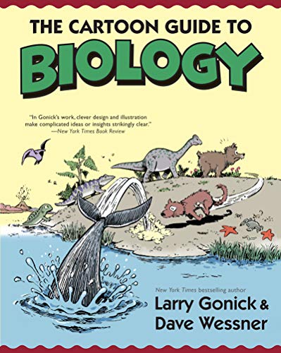 Book cover: "The Cartoon Guide to Biology" with dinosaurs and animals.