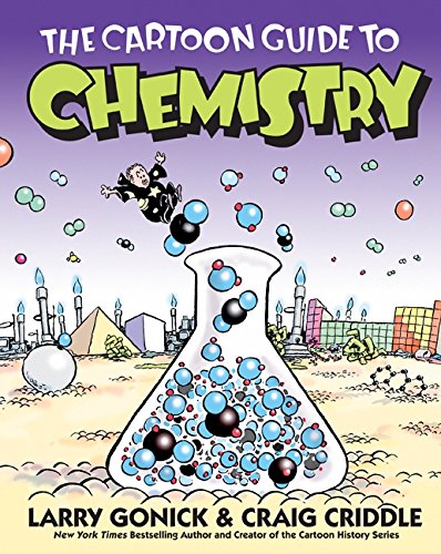 Book cover: "The Cartoon Guide to Chemistry" with illustrated beaker and atoms.