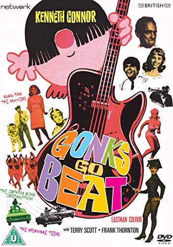 DVD cover for Gonks Go Beat featuring a large guitar and various cast photos.