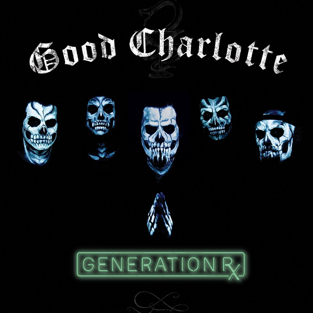 "Album cover with blue skulls and 'Good Charlotte' and 'Generation Rx' text on black background."