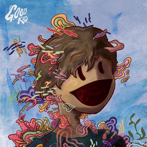Album cover with illustrated face and colorful, swirling abstract shapes.