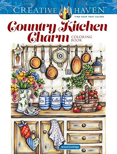 Coloring book cover featuring a country kitchen scene with hanging pans and canisters.