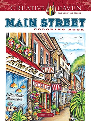 A coloring book cover featuring a colorful illustration of a quaint town main street.