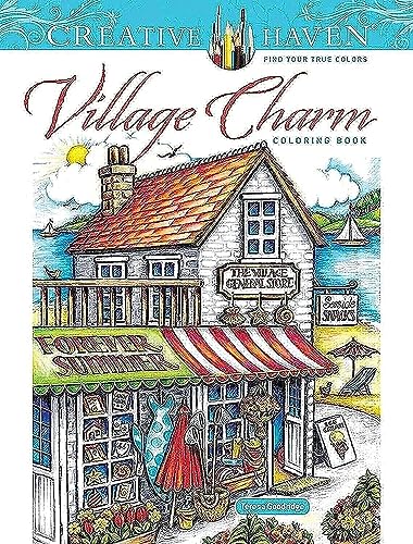 Coloring book cover featuring a seaside village general store with a striped awning.