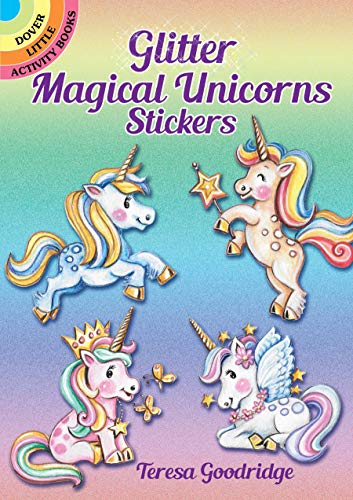 Book cover featuring colorful glittery unicorns and stars, titled "Glitter Magical Unicorns Stickers".
