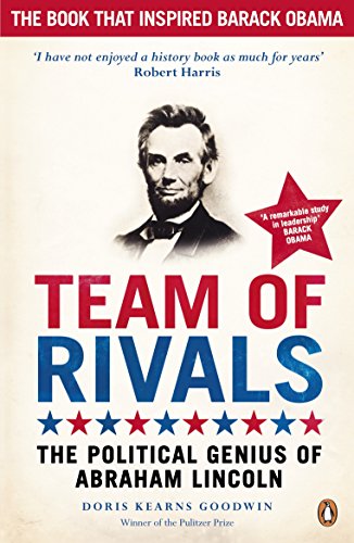 "Book cover featuring Abraham Lincoln's portrait and title 'Team of Rivals' in red and blue."