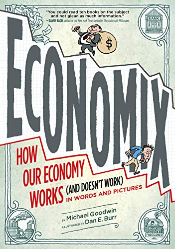 Book cover for Economix featuring cartoon illustrations of a businessman and a struggling person.