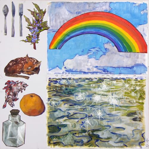 CD cover: rainbow, dog, fruit, cutlery, and textured water painting.