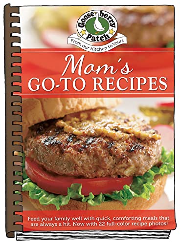 Spiral-bound cookbook cover featuring a juicy burger and "Mom's Go-To Recipes" title.