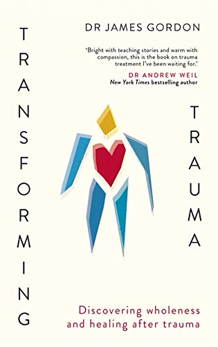 Book cover: "Transforming Trauma" with abstract figure and red heart.