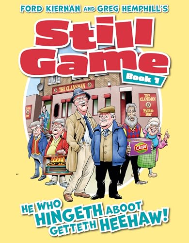 Cartoon cover for “Still Game Book 1” featuring characters outside a pub.
