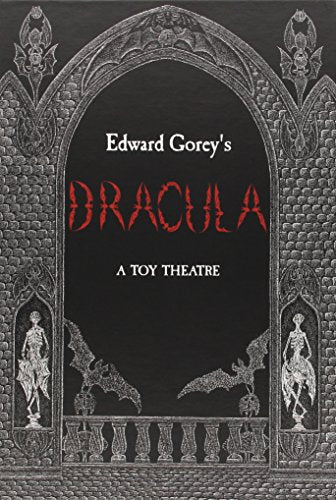 Black and white Edward Gorey illustration of a gothic archway with bats and skeletons.