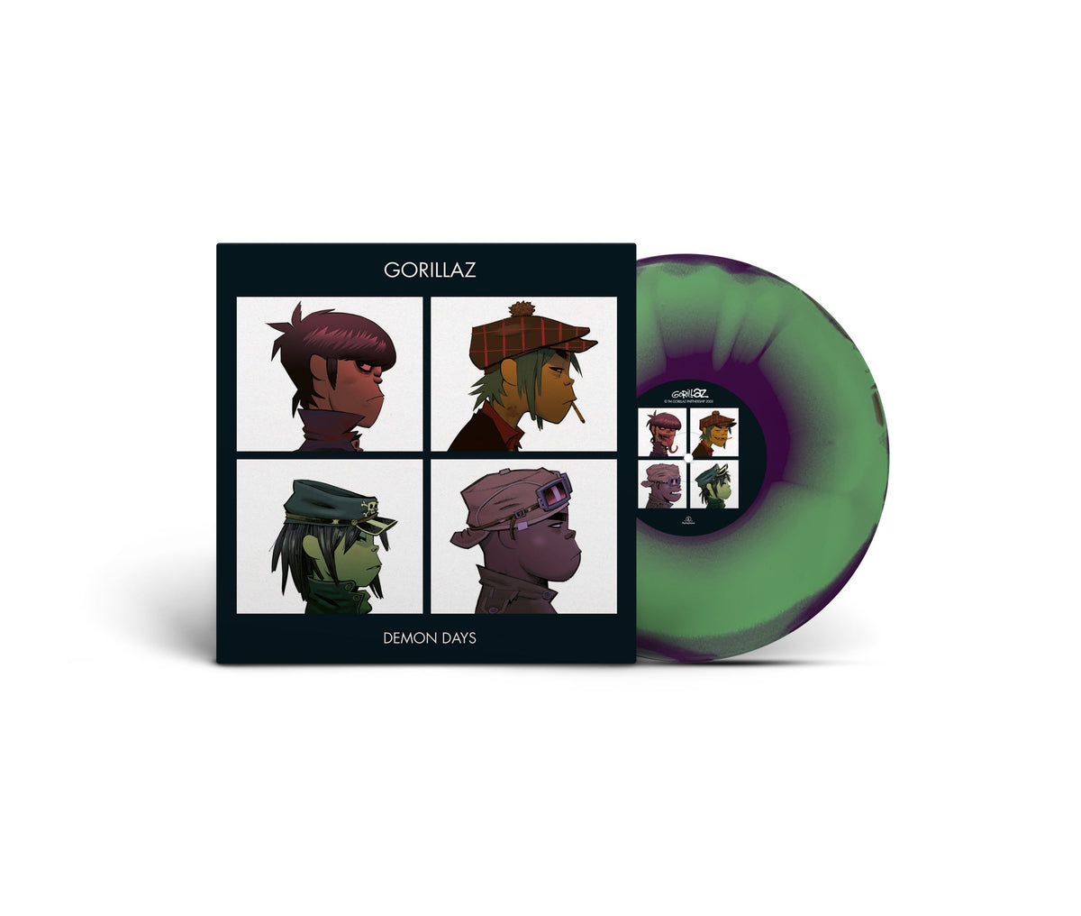 Gorillaz Demon Days vinyl record with illustrated cover and green disc.