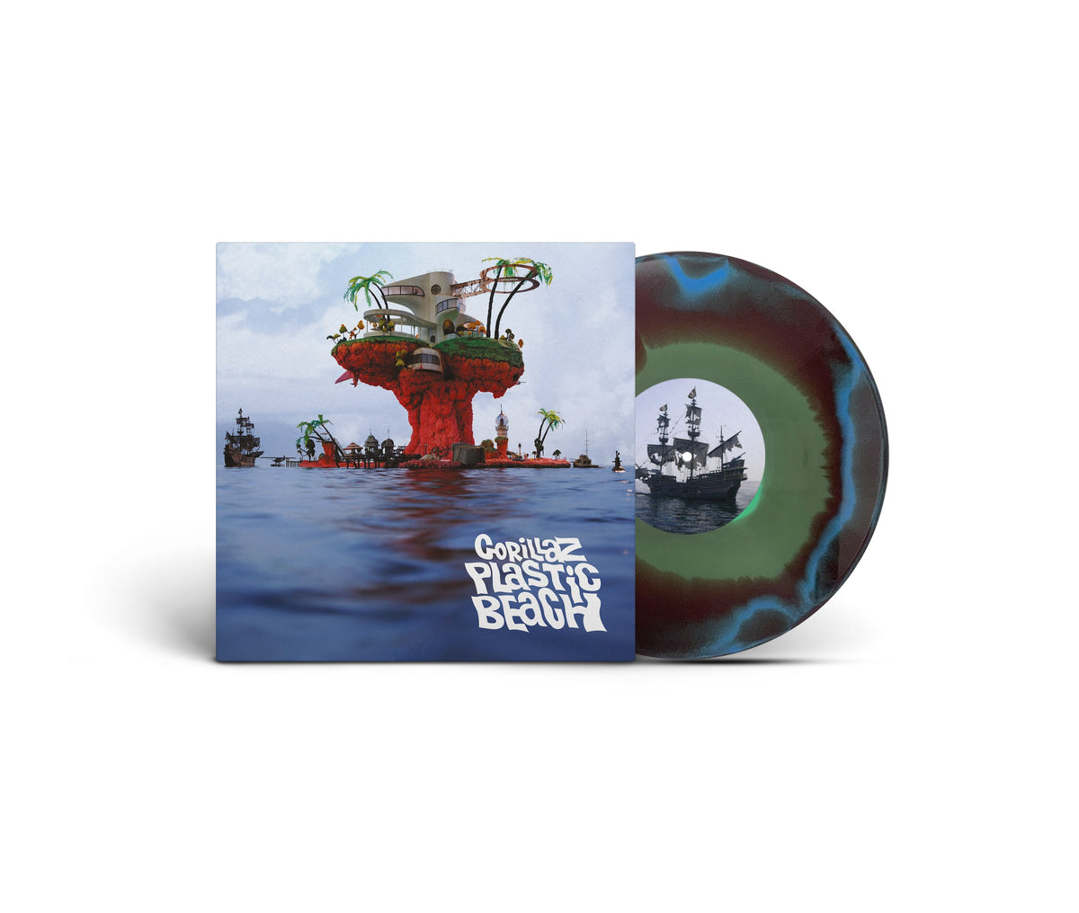 Gorillaz “Plastic Beach” vinyl record with colorful, swirled disc and island cover.