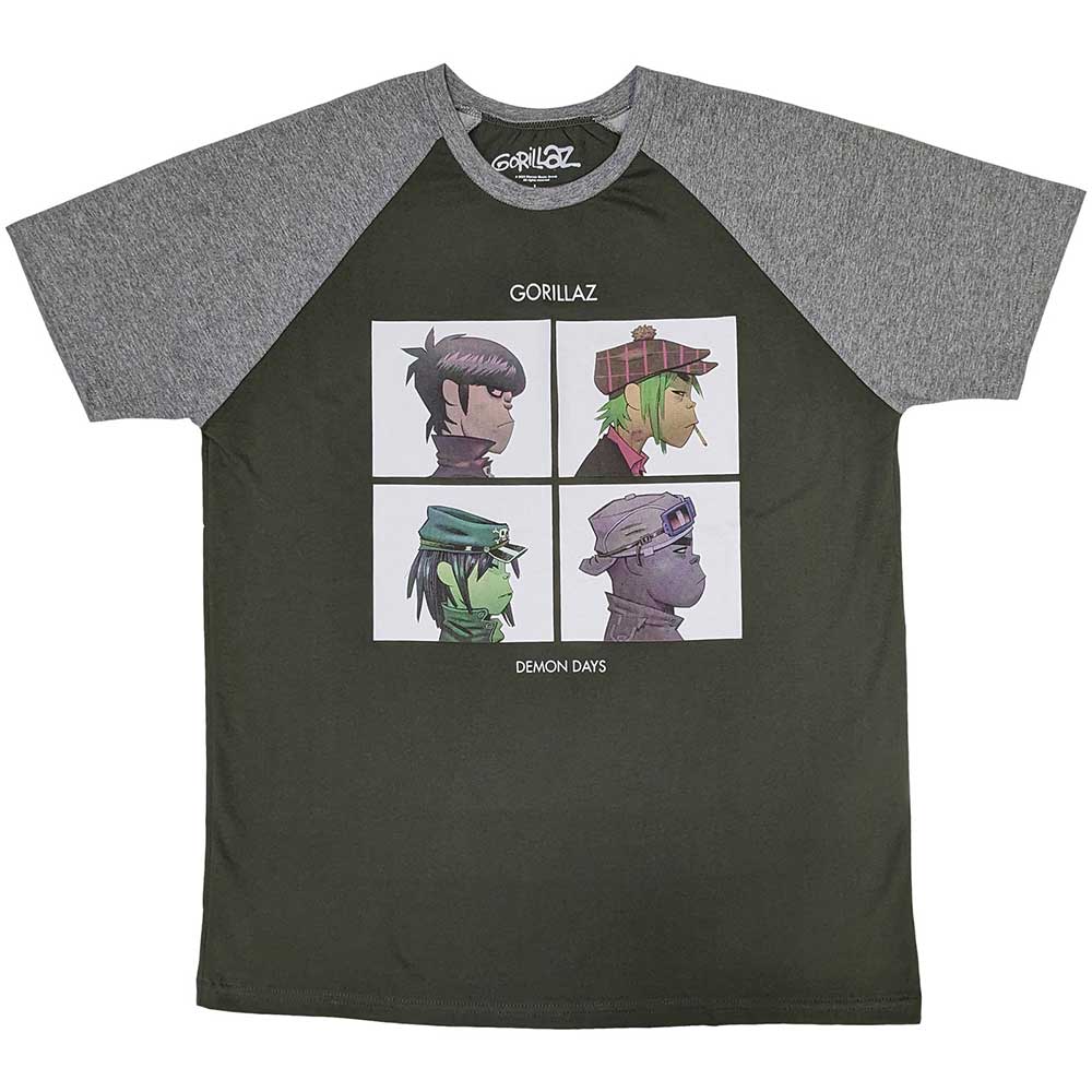 Dark green raglan t-shirt with Gorillaz "Demon Days" character grid.