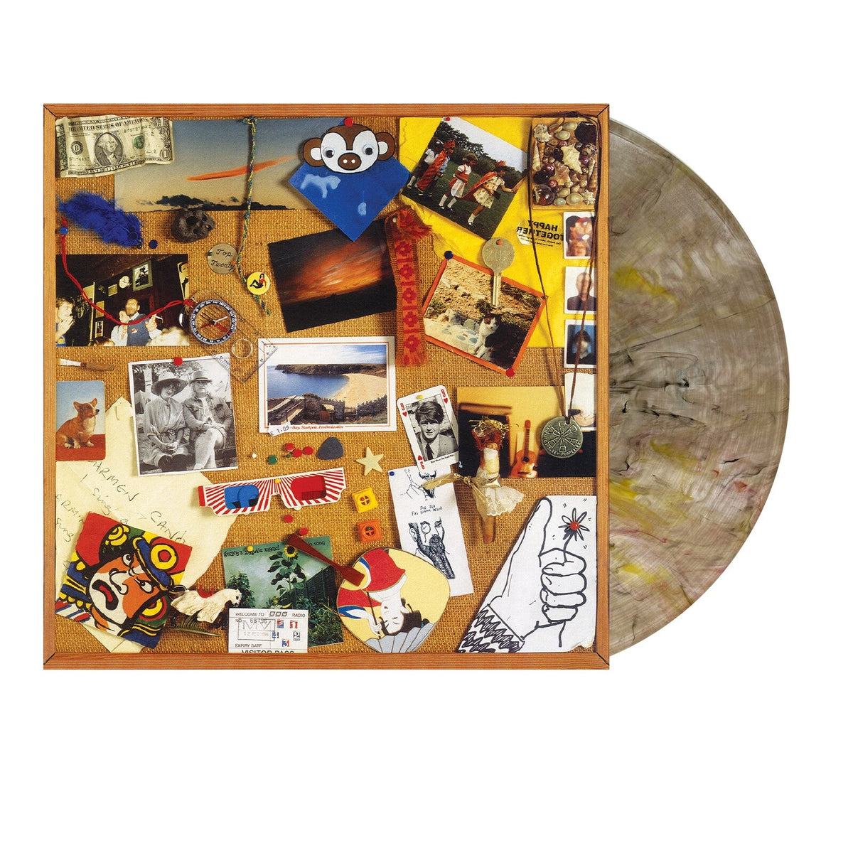 Vinyl record with cover resembling a corkboard covered in photos and ephemera.