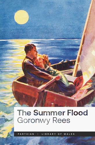 Book cover: couple in a boat under a full moon, titled “The Summer Flood”.