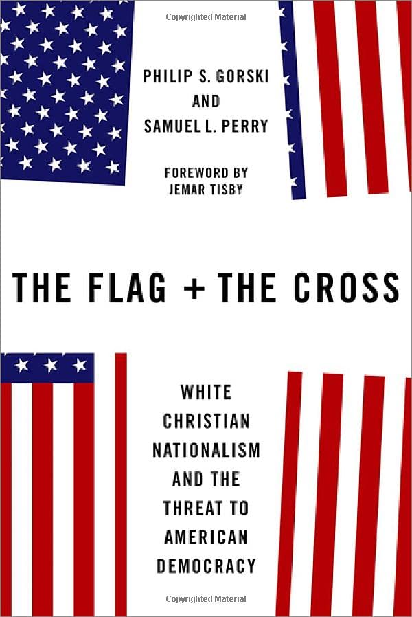 Book cover: American flag and cross imagery, title "The Flag and the Cross".