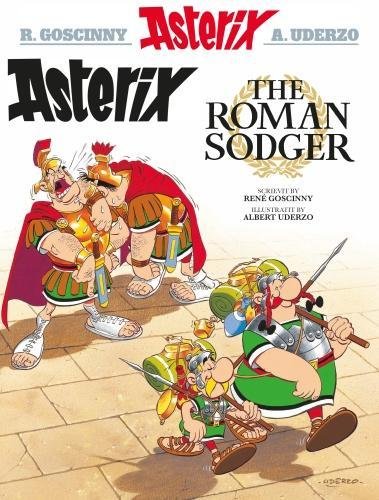 Asterix comic book cover featuring Roman soldiers and Gaulish warriors.