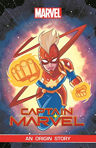 Captain Marvel in a superhero pose, comic book cover illustration.