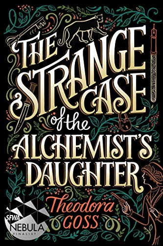 Book cover with ornate lettering, a black cat, and alchemical symbols.
