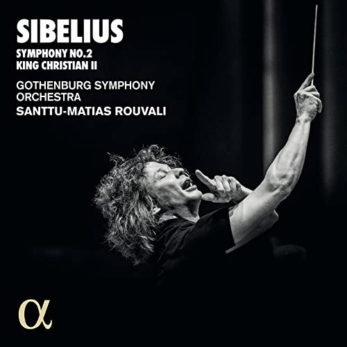 Conductor Santtu-Matias Rouvali leading orchestra, album cover for Sibelius.