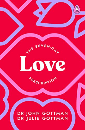 Red book cover with abstract hearts and text: "The SevenDay Love Prescription.