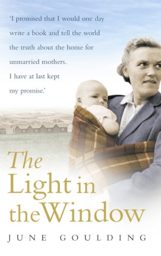Book cover: woman holding baby, buildings in background, title “The Light in the Window”.