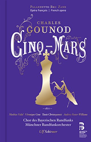 CD cover for Gounod's Cinq-Mars featuring a gold chess king and mantis on purple.