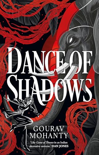 Book cover: elephant, dancer, and red swirling designs on a dark background.
