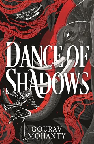 Book cover: elephant head, warrior silhouette, red designs, “Dance of Shadows” title.