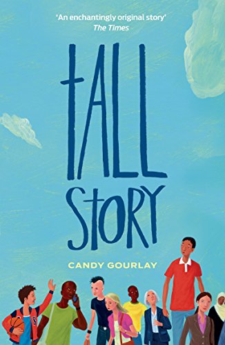 The image is a book cover. Alt text: "Tall Story" book cover with cartoon people and blue sky.