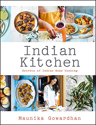 Cookbook cover titled Indian Kitchen featuring a collage of Indian dishes and a chef.