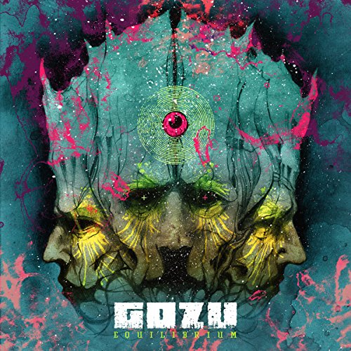 The image is a vinyl record cover for "Gozu - Equilibrium". Here is a concise, descriptive alt text: "Vinyl record cover with a grotesque, green creature's face and splattered paint."