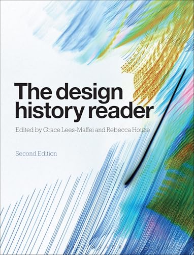 Book cover for The Design History Reader with abstract blue, green, and gold brushstrokes.