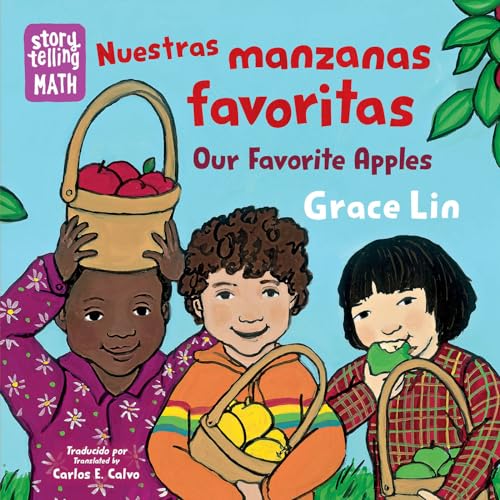 Book cover: children with apples and baskets, bilingual title.