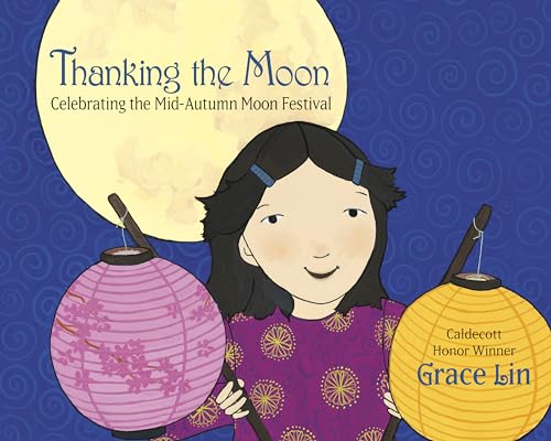 Book cover: girl holding lanterns, with a large yellow moon backdrop.