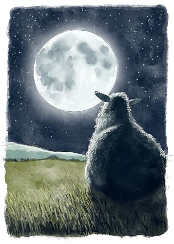 Lamb silhouetted against a large, bright moon in a starry night.