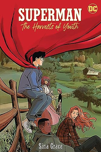 Comic book cover: young Clark Kent with friends in a rural setting.