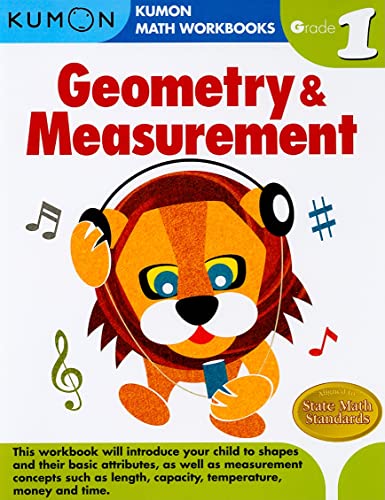 Kumon Grade 1 Geometry and Measurement workbook cover featuring a cartoon lion with headphones.