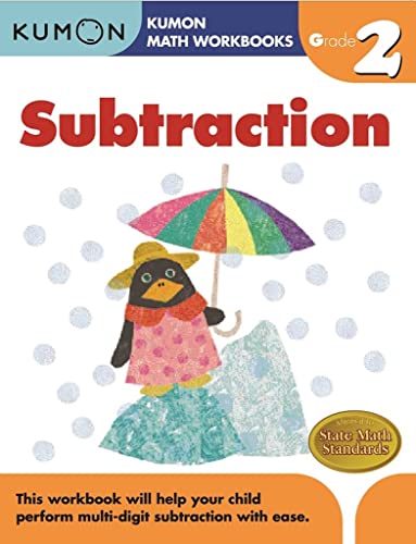 Kumon Grade 2 Subtraction workbook cover with penguin and umbrella.