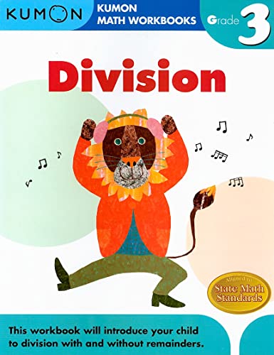 Kumon Grade 3 Division math workbook cover featuring an illustration of a dancing lion.